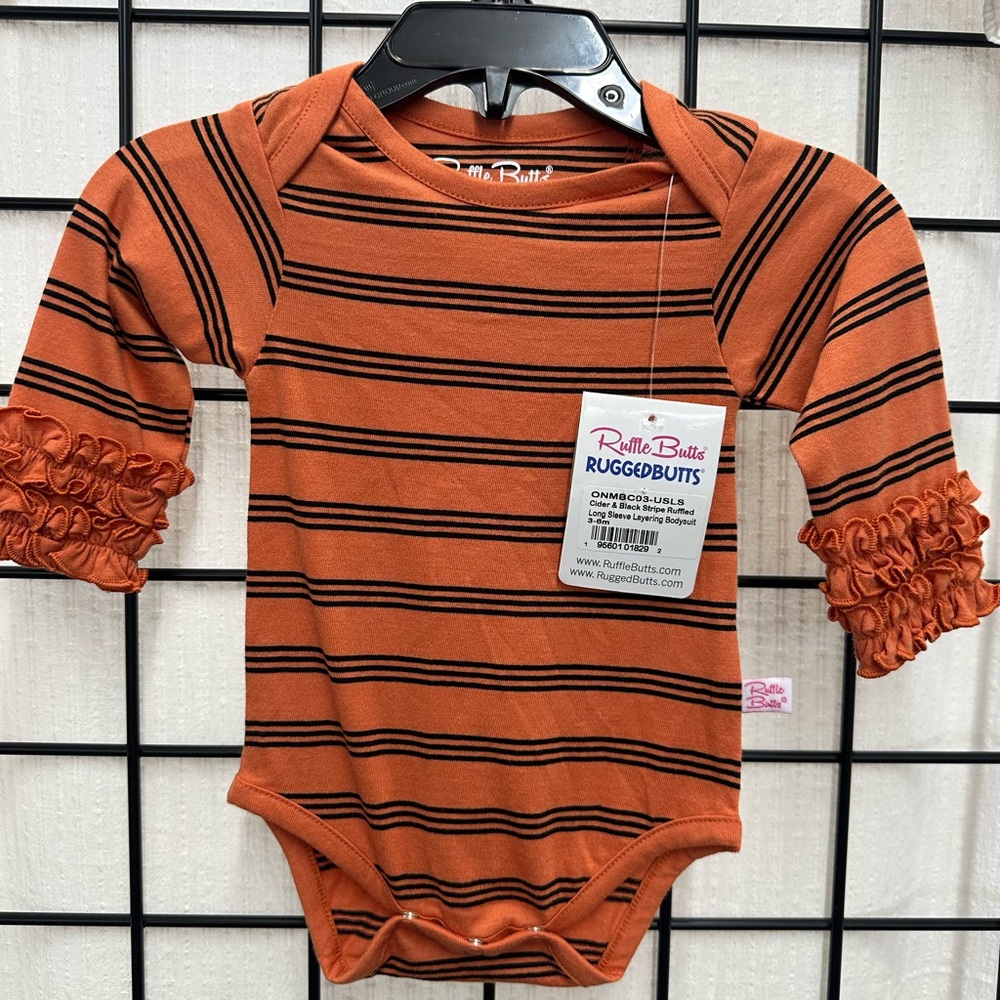 Ruffle Butts Orange and Black Striped Bodysuit with Ruffle Sleeves